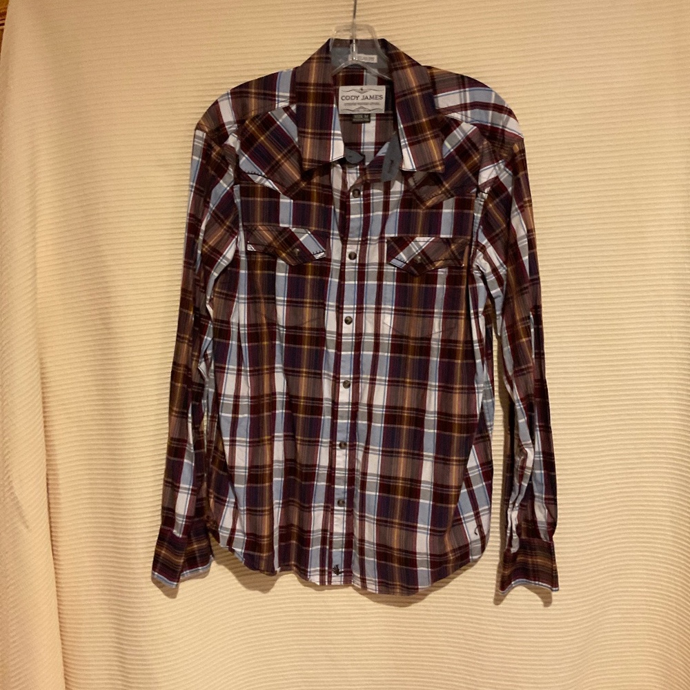 Cody James Authentic Western Apparel Plaid long sleeve shirt in Brown and Blue - Picture 1 of 6